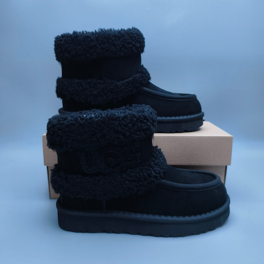 Black Curly-Textured Oversized-Logo Mid-Top Boots - Style 5410