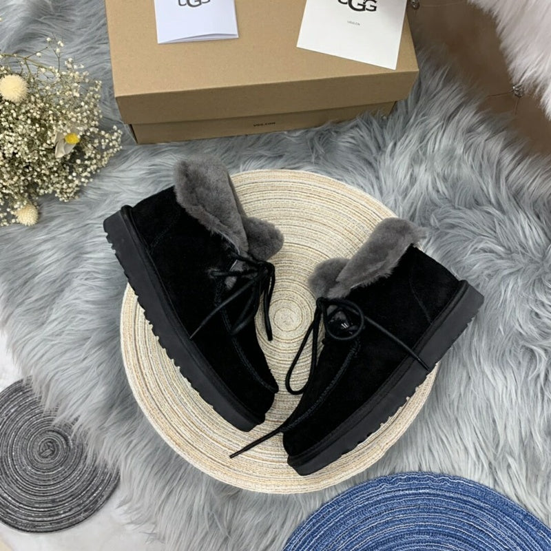 Black Lace-Up Ankle Boots with Fluffy Turn-Down Cuffs - Style 3090