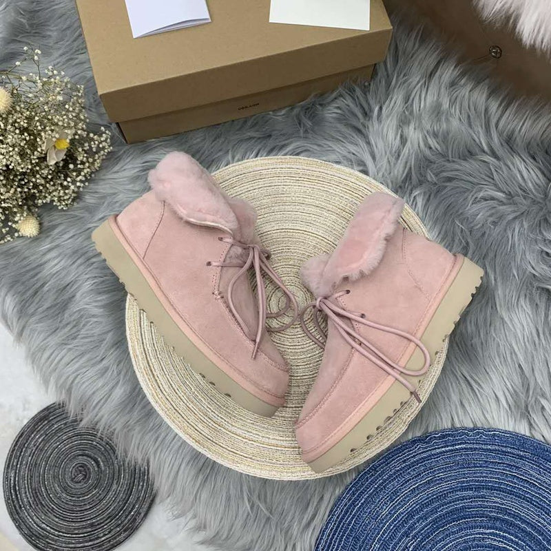 Pink Lace-Up Ankle Boots with Fluffy Turn-Down Cuffs - Style 3090