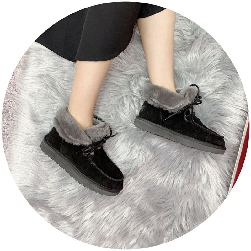 Black Lace-Up Ankle Boots with Fluffy Turn-Down Cuffs - Style 3090