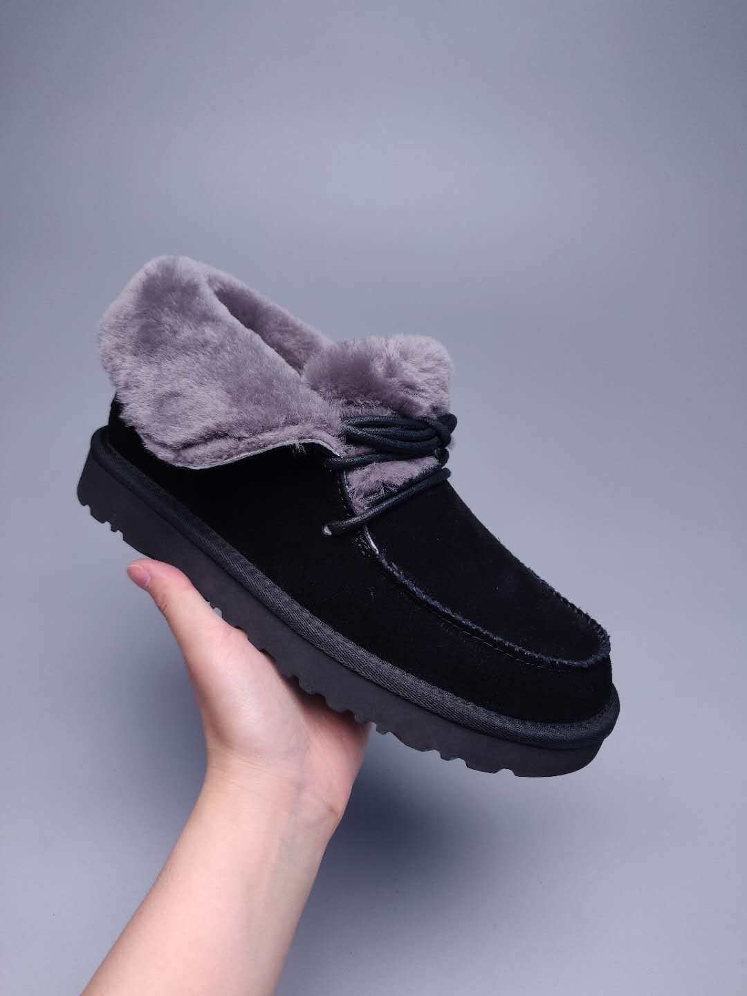 Black Lace-Up Ankle Boots with Fluffy Turn-Down Cuffs - Style 3090