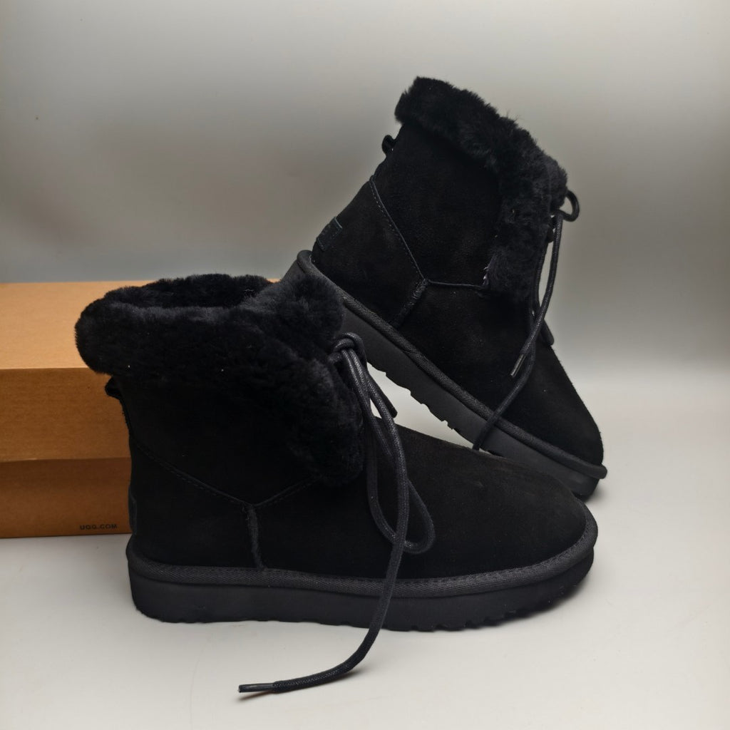 Black Lace-Up Mid-Calf Casual Boots - Style 4576