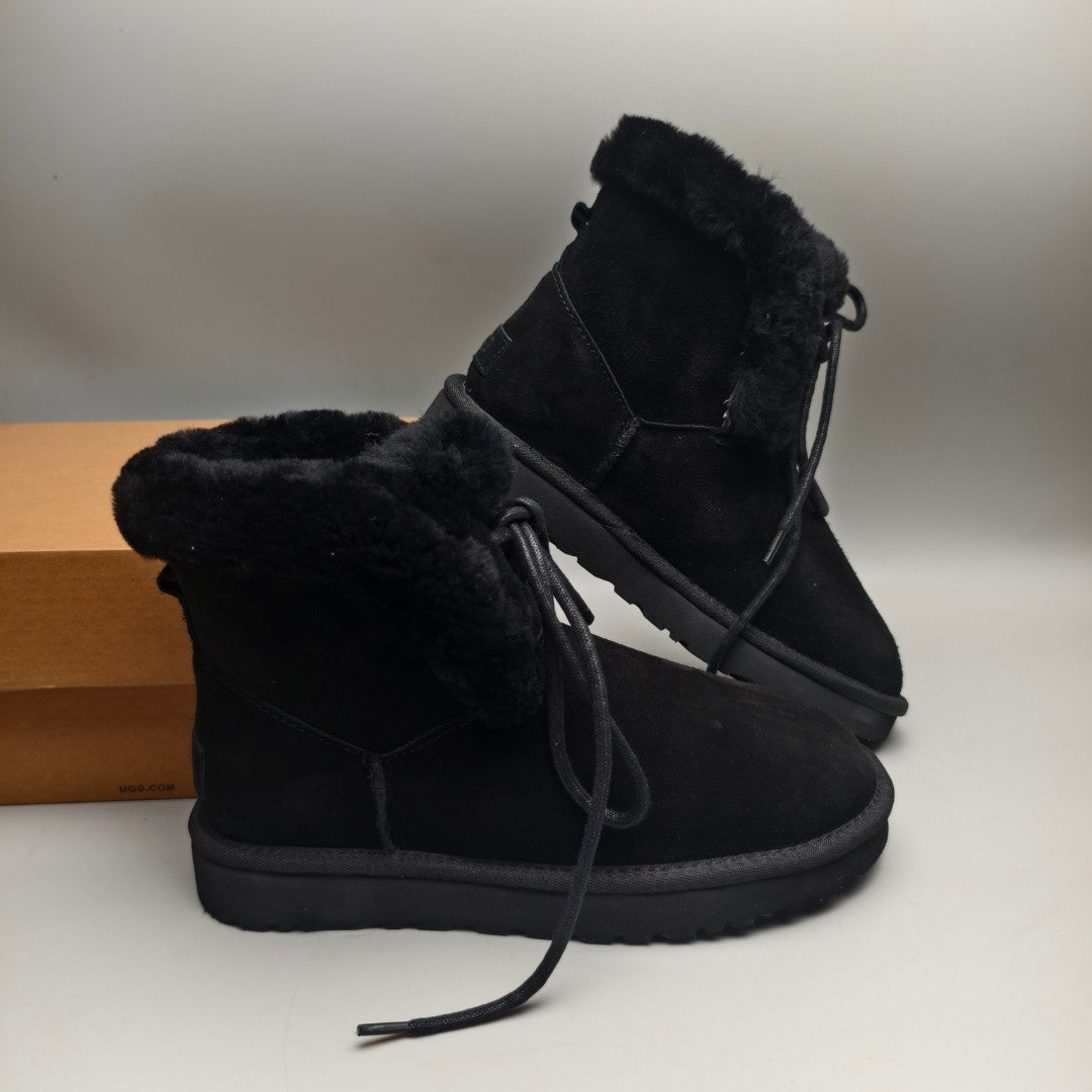 Black Lace-Up Mid-Calf Casual Boots - Style 4576