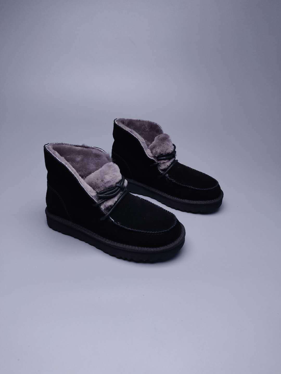 Black Lace-Up Ankle Boots with Fluffy Turn-Down Cuffs - Style 3090