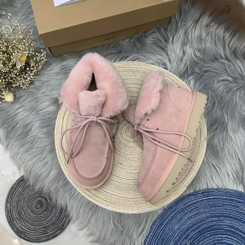 Pink Lace-Up Ankle Boots with Fluffy Turn-Down Cuffs - Style 3090