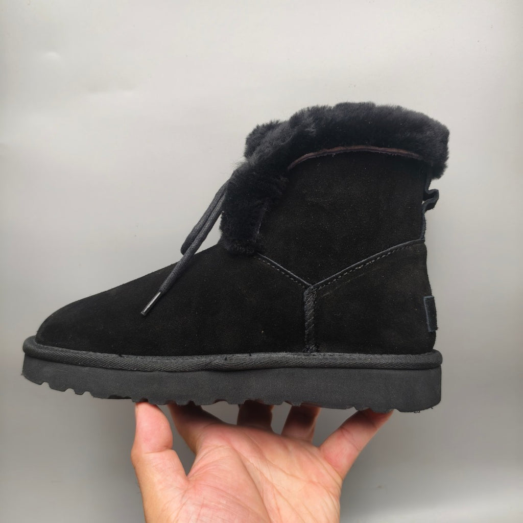 Black Lace-Up Mid-Calf Casual Boots - Style 4576