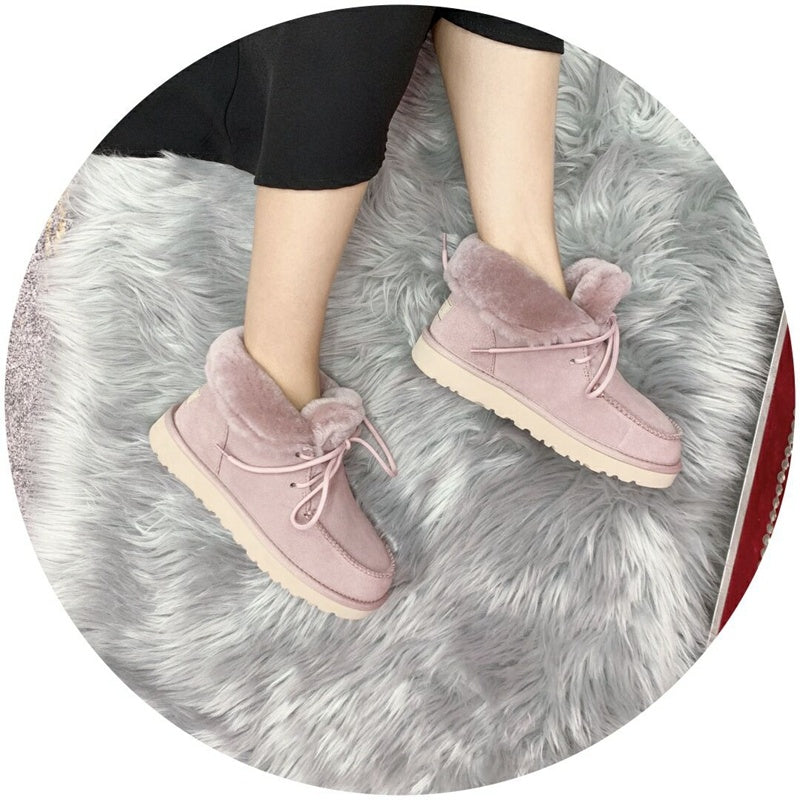 Pink Lace-Up Ankle Boots with Fluffy Turn-Down Cuffs - Style 3090