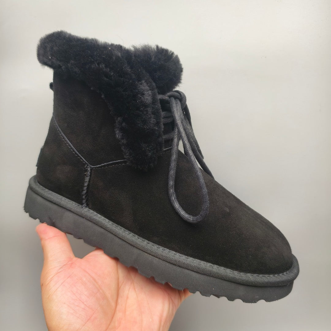 Black Lace-Up Mid-Calf Casual Boots - Style 4576