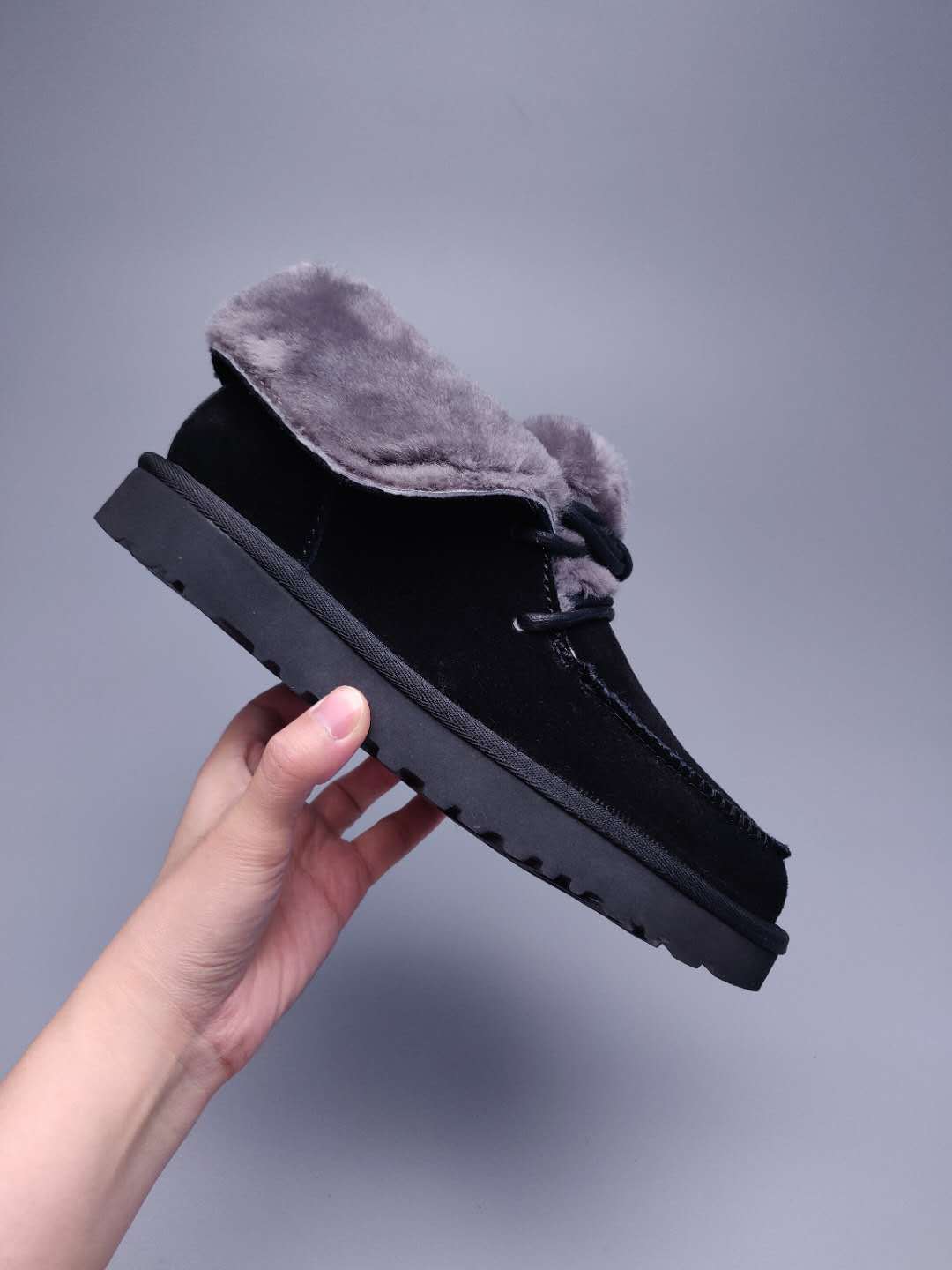 Black Lace-Up Ankle Boots with Fluffy Turn-Down Cuffs - Style 3090
