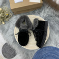 Black Lace-Up Ankle Boots with Fluffy Turn-Down Cuffs - Style 3090