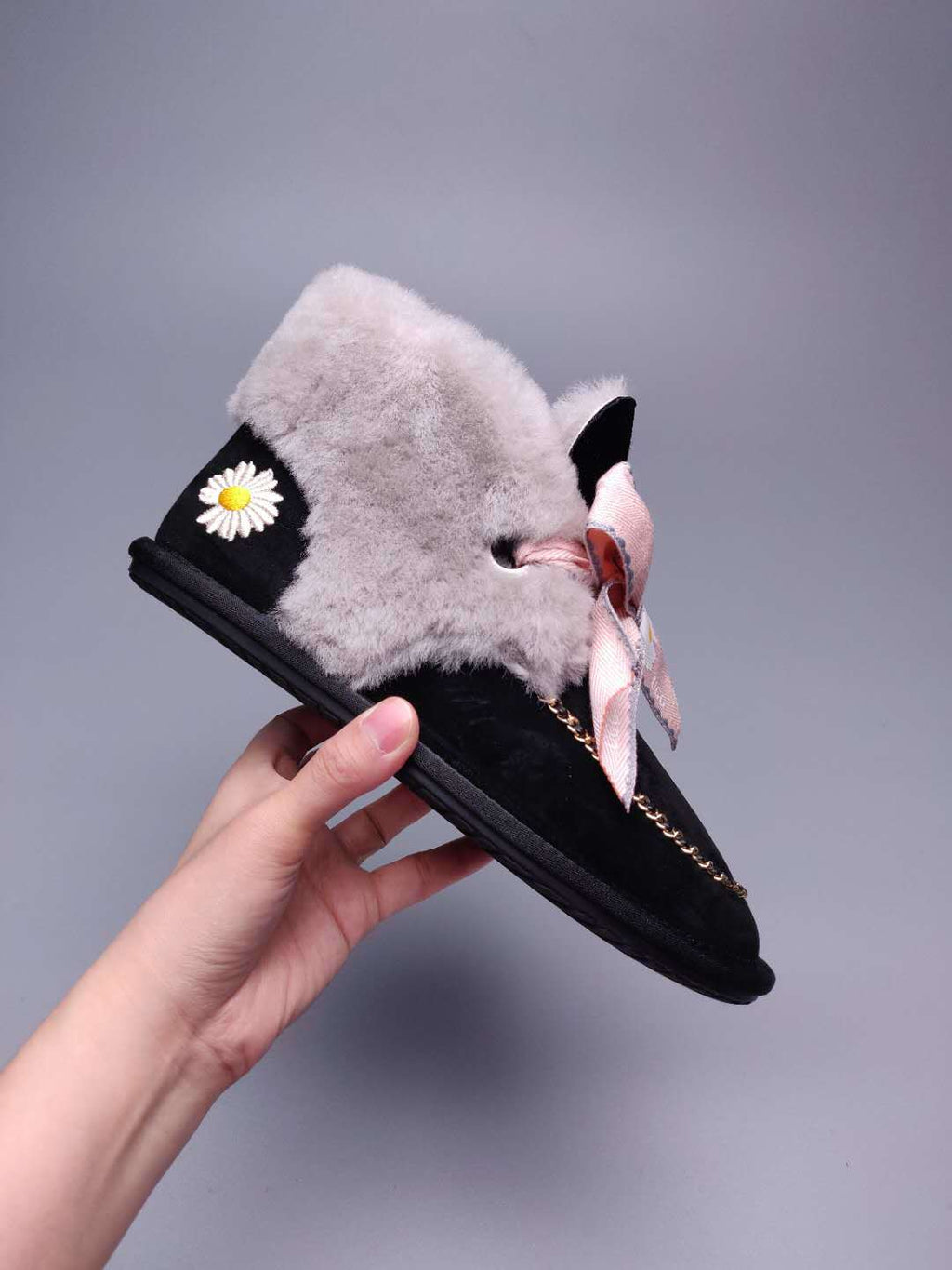 Black Daisy, Chain & Ribbon Detail Shoes - Style 7888