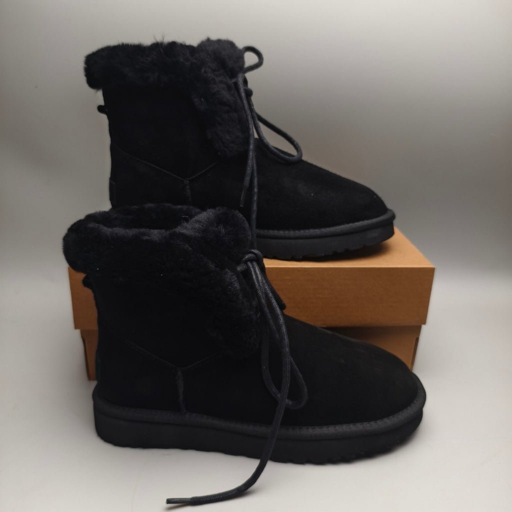 Black Lace-Up Mid-Calf Casual Boots - Style 4576