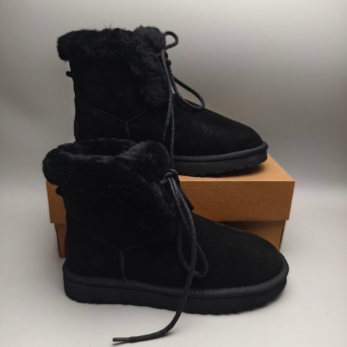 Black Lace-Up Mid-Calf Casual Boots - Style 4576