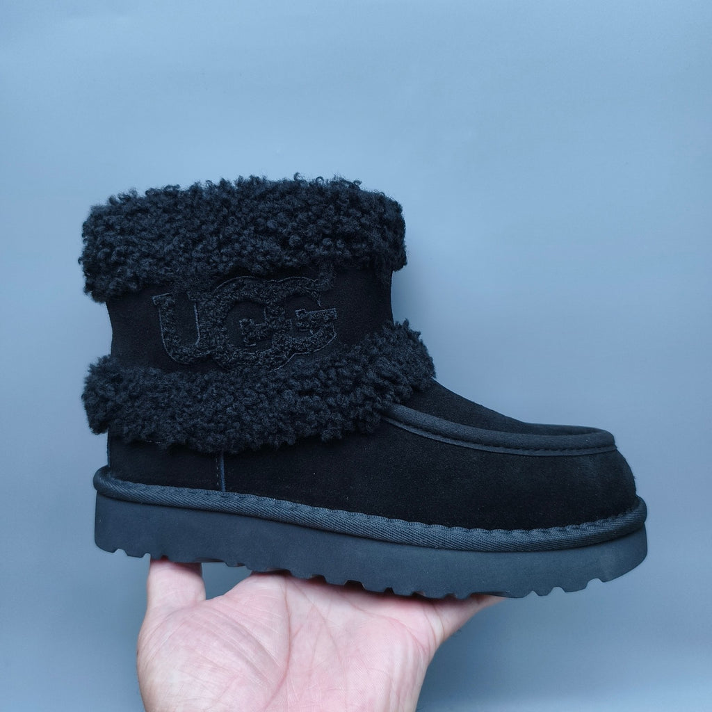 Black Curly-Textured Oversized-Logo Mid-Top Boots - Style 5410
