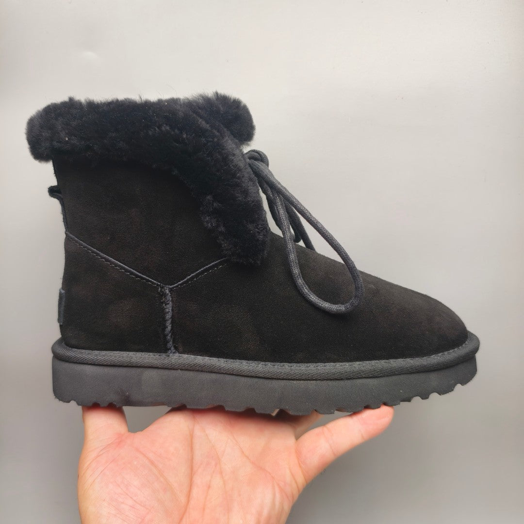 Black Lace-Up Mid-Calf Casual Boots - Style 4576