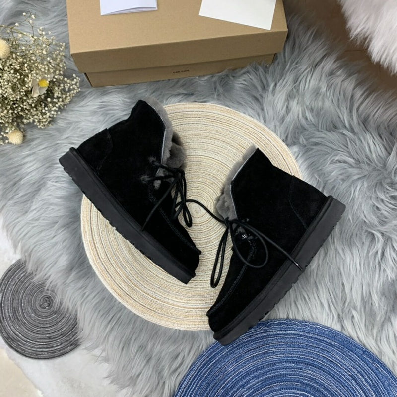 Black Lace-Up Ankle Boots with Fluffy Turn-Down Cuffs - Style 3090