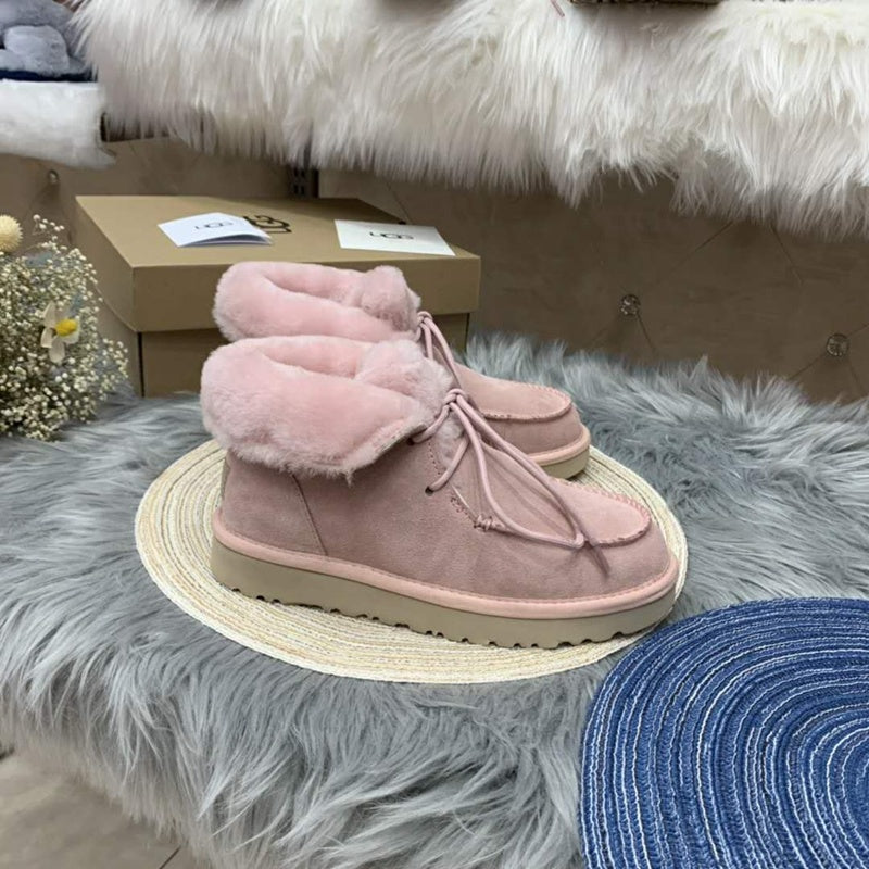 Pink Lace-Up Ankle Boots with Fluffy Turn-Down Cuffs - Style 3090