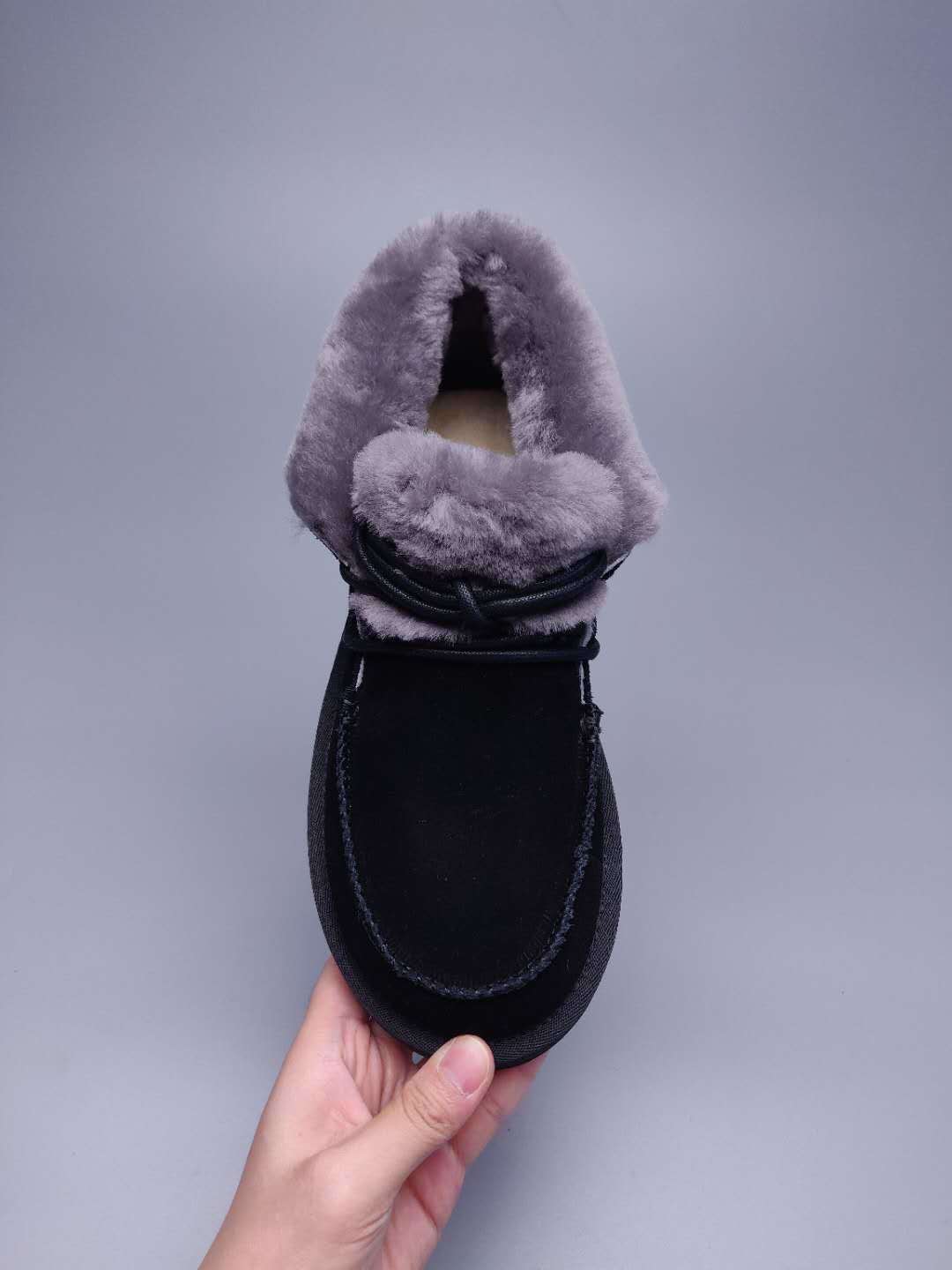 Black Lace-Up Ankle Boots with Fluffy Turn-Down Cuffs - Style 3090