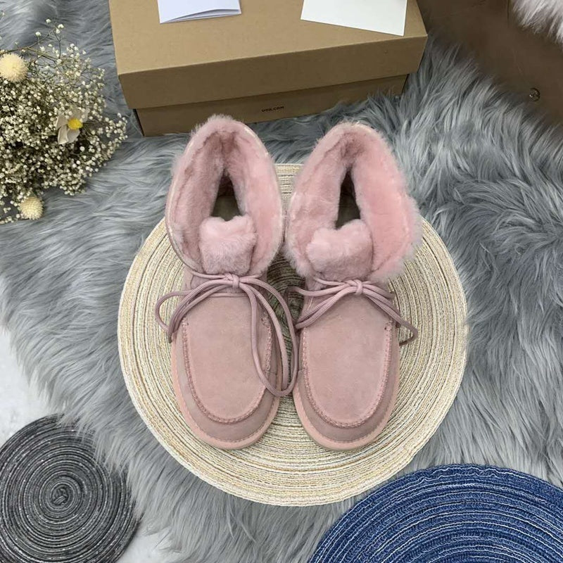 Pink Lace-Up Ankle Boots with Fluffy Turn-Down Cuffs - Style 3090