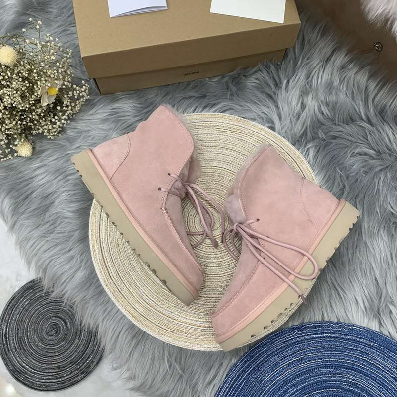 Pink Lace-Up Ankle Boots with Fluffy Turn-Down Cuffs - Style 3090